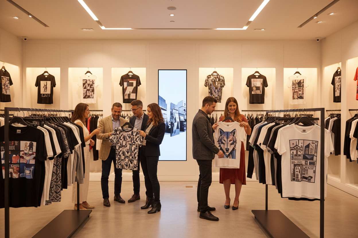 create a banner for my shopify online print on demand store as a primium brand of coldhing and designs .. create it as a primium brand banner with no text bottons and add actual details and realistic designs with characters in a store point of view