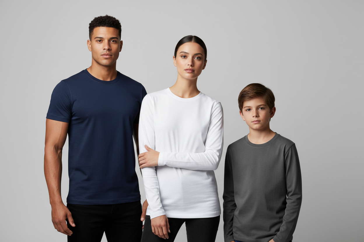 create a multi catagory cotton collection plain full slive unisex t shirt image mock up with a realistic fit man , woman and a boy .. look like a primium model look