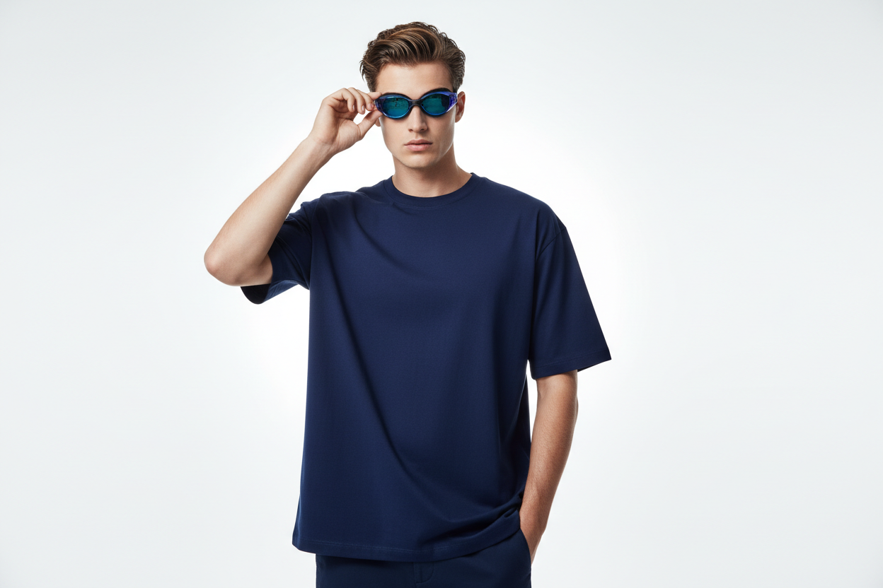 create a realistic mockup for a higlite as a mail model wear a unisex oversized simple navi blue t shirt with blue googls as a primium brand advertising mockup without any text or somethimg